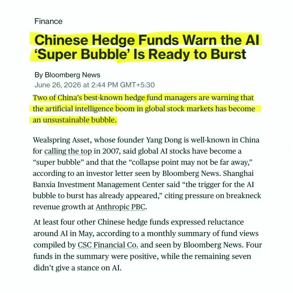 DrotarTim's tweet photo. The Chinese fund manager who nailed the 2007 market top just warned that the hottest AI stocks could crash 80% or more.

His exact words: “the collapse point may not be far away.”

Another big Chinese fund says: “the trigger has already appeared.” https://t.co/mx8nnJf0r6