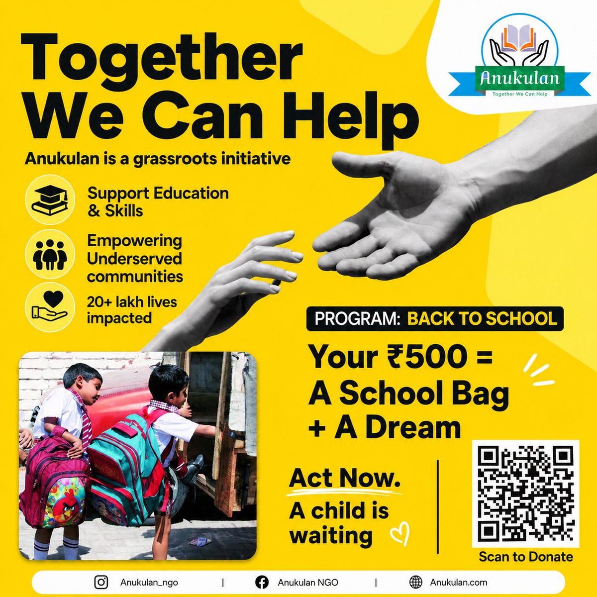 AnukulanN's tweet photo. 🎒 A school bag can change a child’s future.

Just ₹500 provides a school bag and brings a child one step closer to education.

Every donation counts. Every child matters. ❤️

Scan the QR code and help a child return to school. #BackToSchool #Donate #EducationForAll https://t.co/UXfuAKeiCb