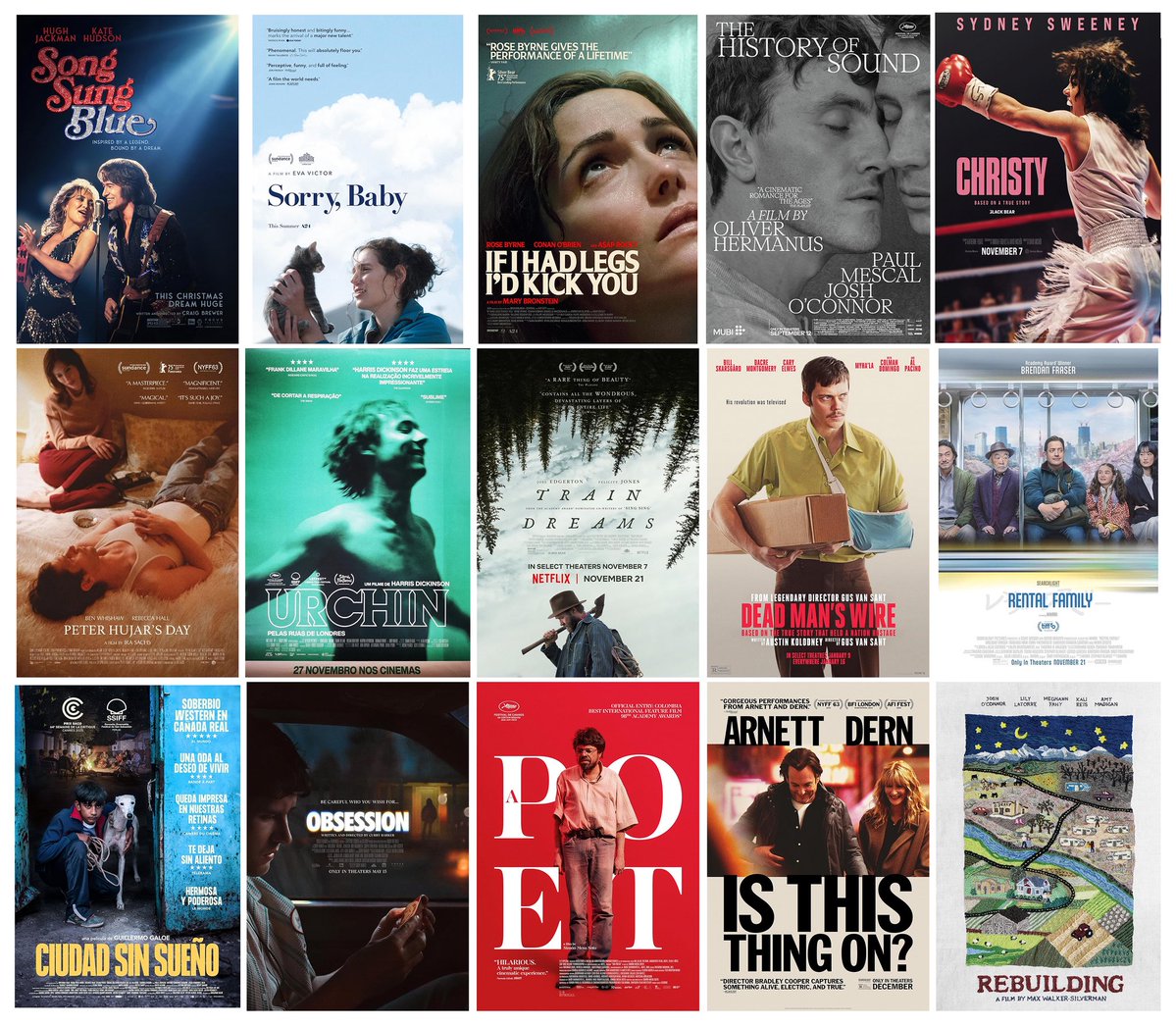 bunburyoficial's tweet photo. Algunos me animasteis a que compartiera también películas, series, libros y documentales que me han gustado en los últimos meses. Voy a intentar hacer un recuento en los próximos días. Empezando con las películas que más me han interesado en esta primera mitad del 2026. Es difícil resumir medio año en 15 películas. Obviamente no solo veo películas recién estrenadas, pero voy limitar esta lista a novedades, obviando clásicos que he vuelto a ver o películas antiguas que he descubierto y que nunca vi en su momento. Estas son las quince películas que más me han gustado en estos últimos meses. Podéis añadir en comentarios cuáles fueron las vuestras. Gracias y abrazos.

Peliculas:
Song sung blues - #CraigBrewer
Sorry baby - #EvaVictor
If i had legs I’d kick you - #MaryBronstein
The History of sound - #OliverHermanus
Christy - #DavidMichôd

Peter Hujar’s day - #IraSachs
Urchin - #HarrisDickinson
Train Dreams - #ClintBentley
Dead man’s wire - #GusVanSant
Rental family - #Hikari

Ciudad sin sueño - #GuillermoGaloe
Obsession: #CurryBarker
Un poeta - #SimónMesaSoto
Is this thing on? - #BradleyCooper
Rebuilding - #MaxWalkerSilverman