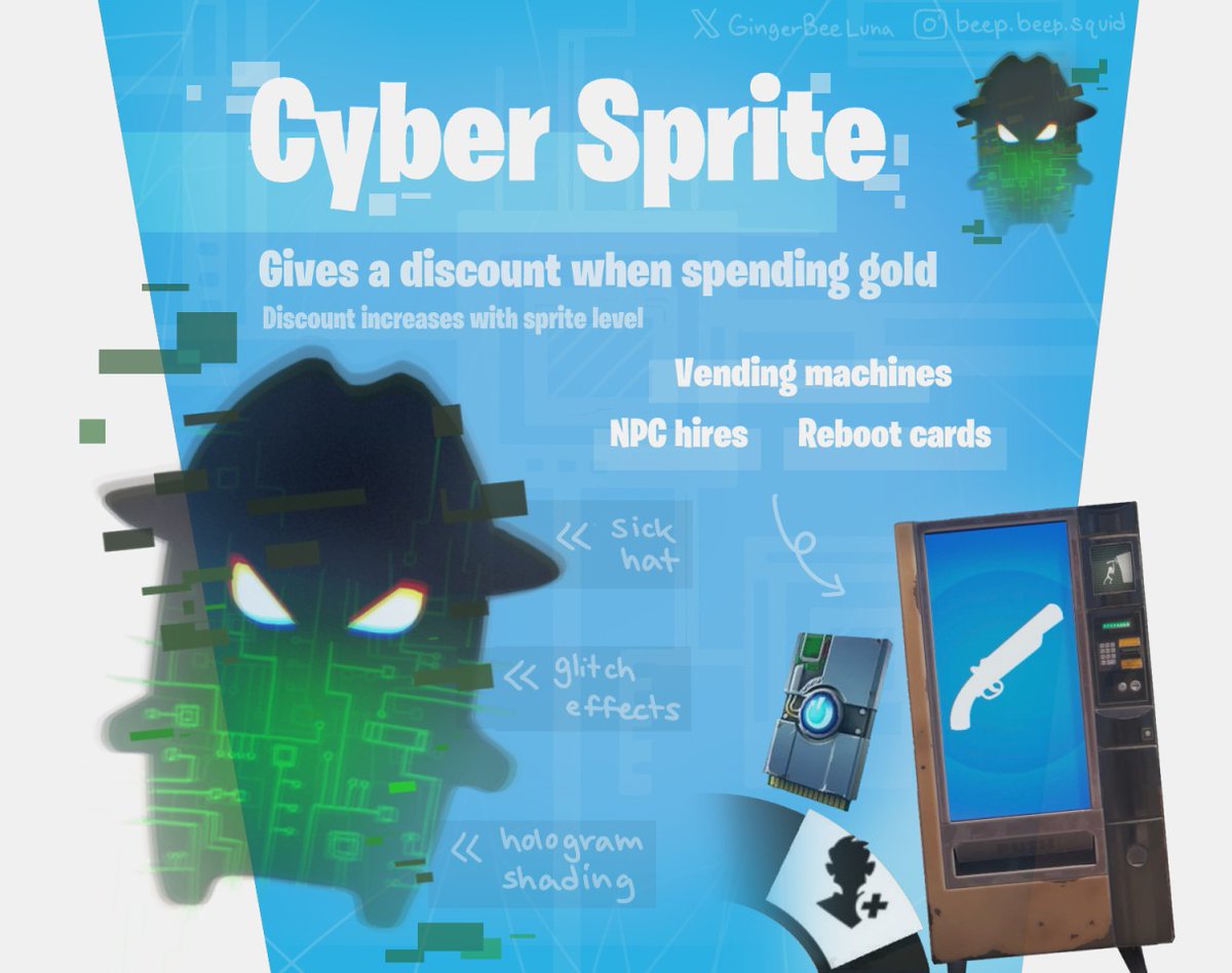 GingerBeeLuna's tweet photo. The Cyber Sprite may have some suspicious tactics, but is sure to score you some savings on the battlefield! Enjoy lower gold prices for vending machines, reboot cards, and NPC sevices. My entry for the #DesignASprite contest. https://t.co/oXziDnYtwO