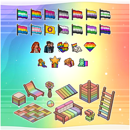 MeuHabblet's tweet photo. 🌈 Em comemoração ao Dia do Orgulho LGBTQIAPN+, a Loja do Orgulho está disponível no catálogo com mobis e emblemas exclusivos para você celebrar a diversidade.

Vista suas cores e mostre quem você é, do seu jeito! 🏳️‍🌈

✨ Disponível até 10/07. https://t.co/ab295bCi2R