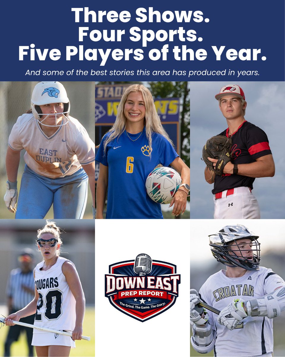 ManCaveMediaNC's tweet photo. Three shows. Four sports. Five Players of the Year. 

One area that keeps raising the bar.
 
🥎 Ava Noble &amp; Vasco Sutton 
🥍 Berkley Weihrauch &amp; Dain Sparks 
⚽ Kamrey Watkins 

All three shows live now on Down East Prep Report
https://t.co/MsKdy3d1nN https://t.co/GrDKCVNvks