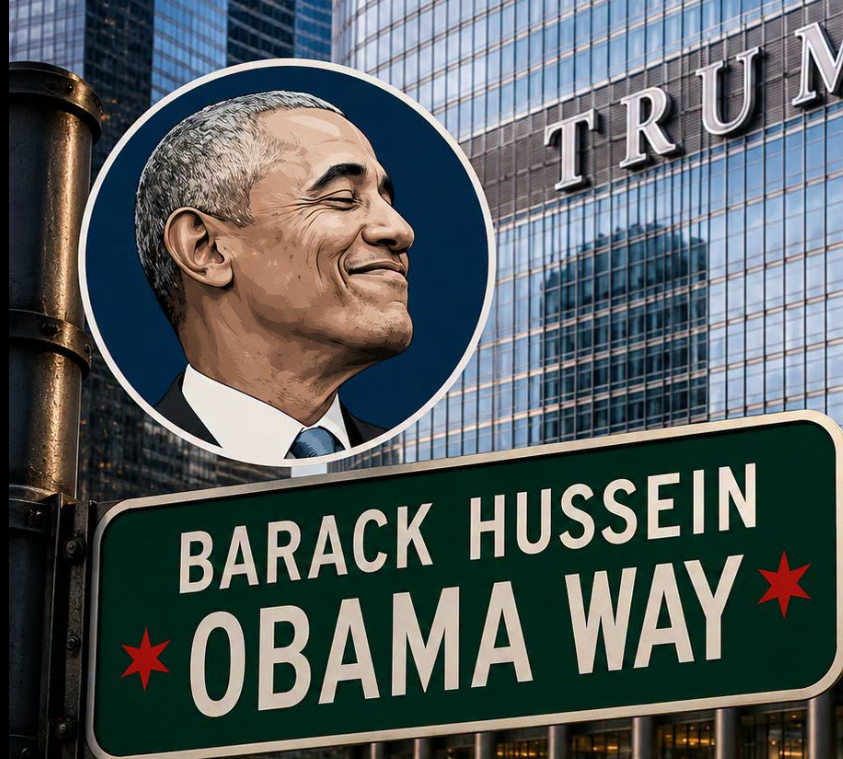 politvidchannel's tweet photo. BREAKING: Chicago is planning to Force Donald Trump to see the name “Barack Hussein Obama” every single time he pulls up to Trump tower https://t.co/rYSXlTskh7