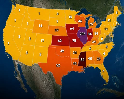 CuriosityonX's tweet photo. 🚨: In a typical year, Illinois usually averages about 47 tornadoes. This year, it has already had more than 200. https://t.co/uqpA70EF88
