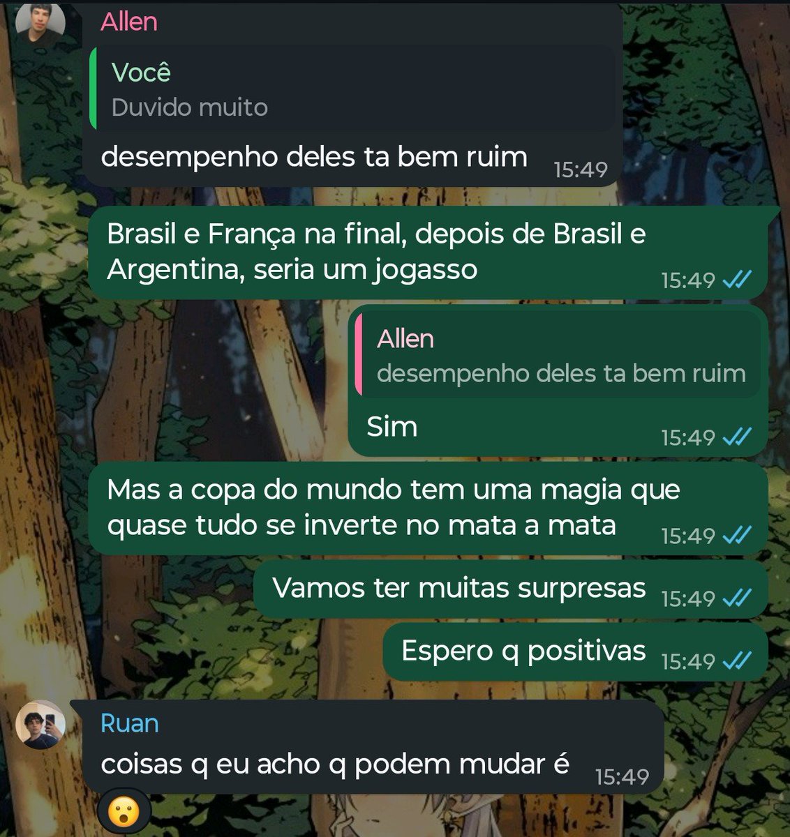 kaisachild's tweet photo. Hoje os pensadores (Ruan, Allen e eu) estão discutindo as possibilidades da Copa, e apesar de algumas diferenças, é unânime que a final será entre Brasil e França. Btw, é muito legal finalmente ter um grupo de amigos pra falar de futebol. Me sinto... Normal — e isso é muito bom. https://t.co/BnA2EmwPcA