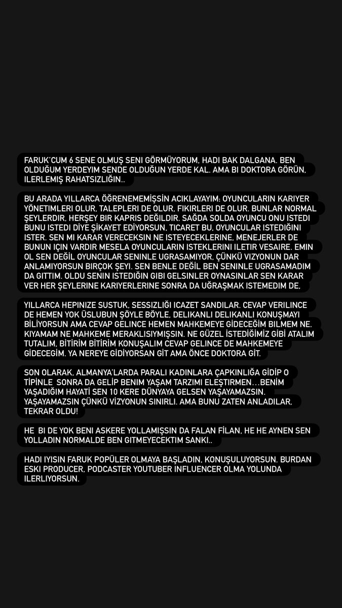 onedio's tweet photo. Can Yaman'dan yapımcı Faruk Turgut'a yeni yanıt:

"Faruk'cum, 6 sene olmuş seni görmüyorum. Hadi bak dalgana. 

Ben olduğum yerdeyim, sen de olduğun yerde kal. Ama bir doktora görün, ilerlemiş rahatsızlığın..." https://t.co/TNj2eT64gW