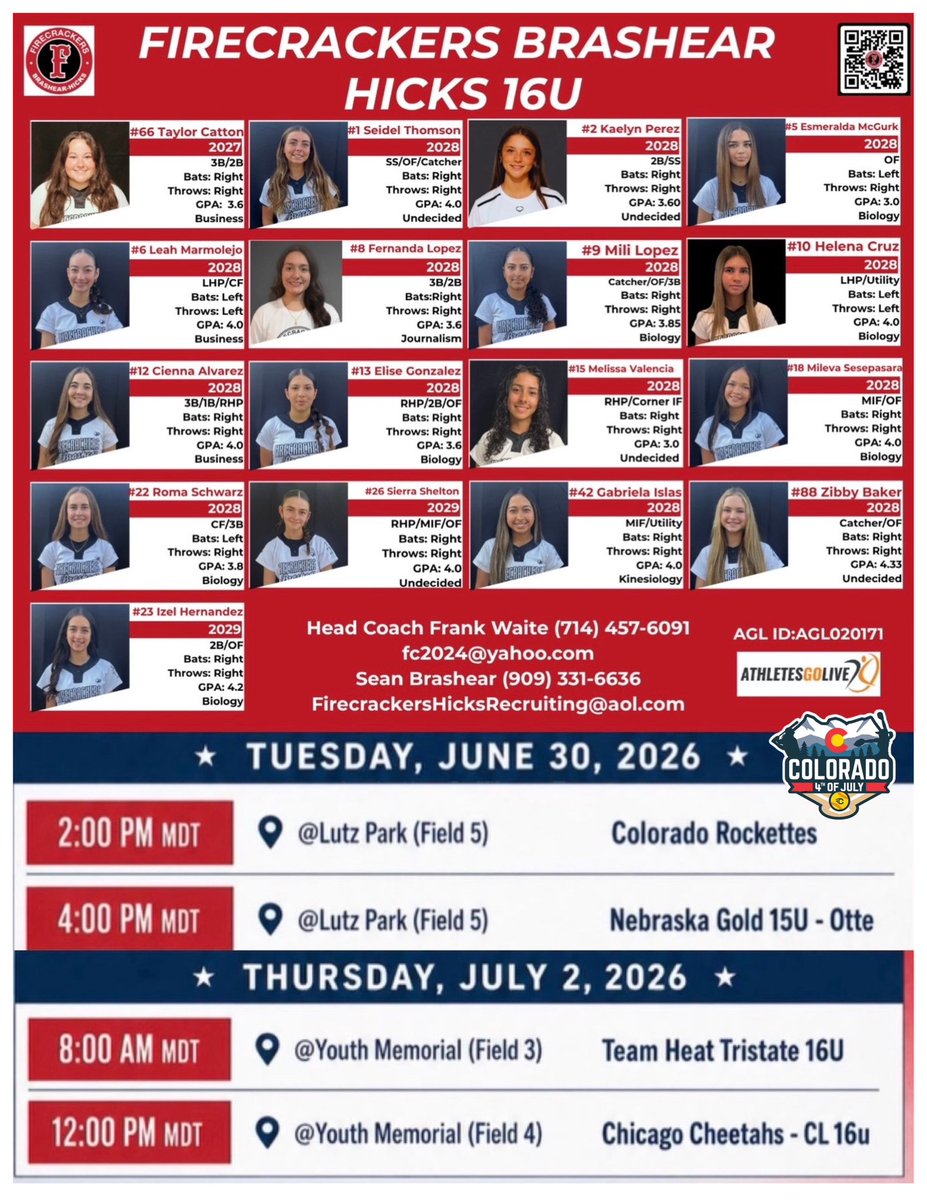 FCBHRecruiting's tweet photo. @Coach_AndreaB Would love for The Den @CULionsSoftball of coaches to watch 👀 our competitive @BrashearHicks teams, Coach Bombace!
🧨Firecrackers Brashear Hicks 18u Gold
🧨Firecrackers Brashear Hicks 16u
@TCSFastpitch @COSparkFire Colorado 4th of July Sparkler/Fireworks 🎇 https://t.co/NVxp9AHntY