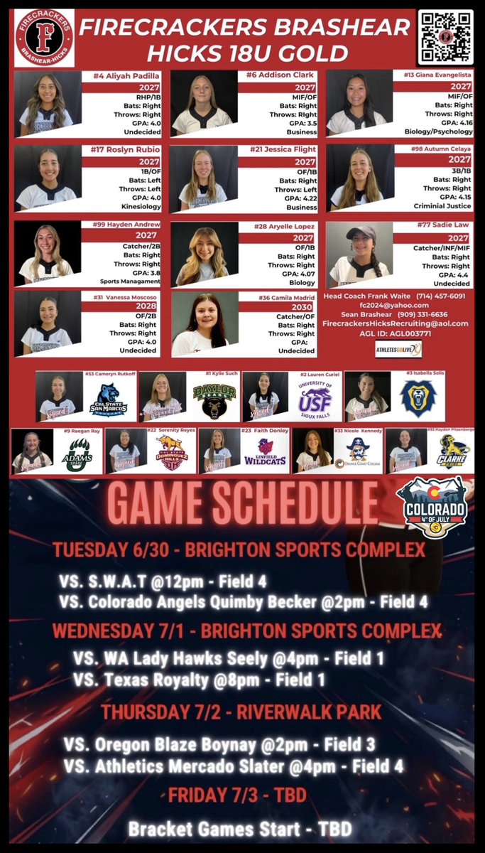 FCBHRecruiting's tweet photo. @Coach_AndreaB Would love for The Den @CULionsSoftball of coaches to watch 👀 our competitive @BrashearHicks teams, Coach Bombace!
🧨Firecrackers Brashear Hicks 18u Gold
🧨Firecrackers Brashear Hicks 16u
@TCSFastpitch @COSparkFire Colorado 4th of July Sparkler/Fireworks 🎇 https://t.co/NVxp9AHntY
