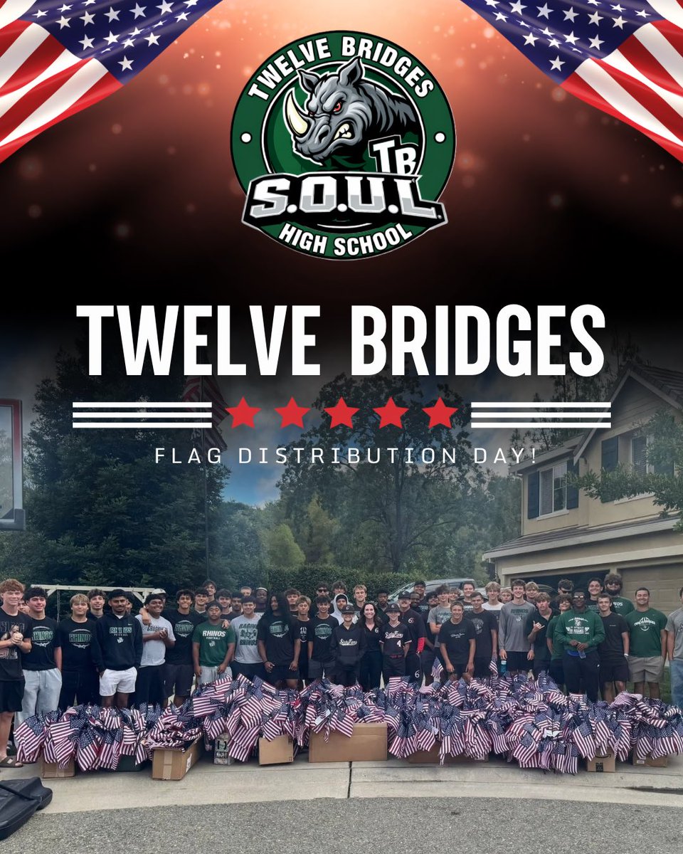 12BridgesFball's tweet photo. Each year, our football players place American flags in 3200 front yards across Twelve Bridges. More than a tradition, it reflects our SOUL and our larger purpose beyond football—service, gratitude, pride, and a reminder that this program is about more than the game. #TB4L #SOUL https://t.co/NM93qsBL8j