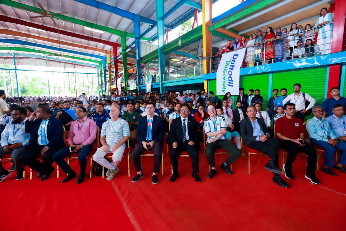 ArgentinaFCBD's tweet photo. The Argentine delegation and the Argentine Ambassador to Bangladesh were present at the university to watch the last match Argentine fans. I extend my thanks to everyone for valuing the fans and enjoying the game with them. 🇧🇩❤️🇦🇷 https://t.co/jxrBwhoJnQ