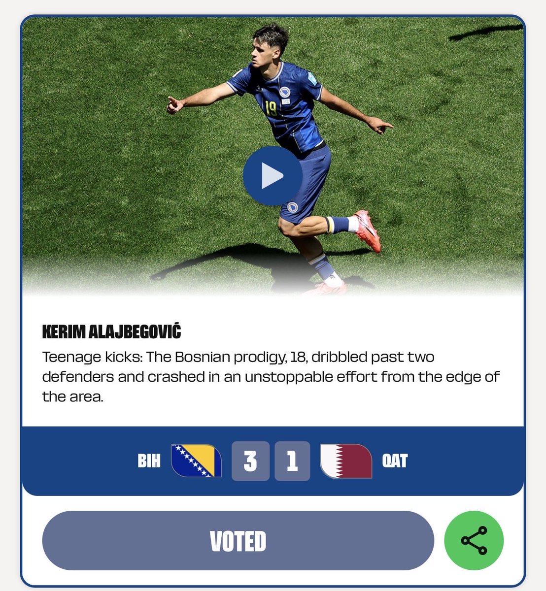 BosniaNTBall's tweet photo. Kerim Alajbegovic’s goal against Qatar is in contention for the Goal of the Tournament. Go vote! #FIFAWorldCup Link: https://t.co/XzD4uunf4o https://t.co/OTbOaMklHC