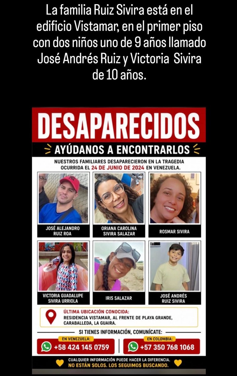 sandboyman's tweet photo. Ayúdenme a ayudar por favor DIFUNDAN

La familia Ruiz Sivira, hay 2 niños menores de 10 años con vida esperando ser rescatados. Se necesita maquinaria en la Residencia Vistamar, Caraballeda, piso 1 entre la piscina y el sótano. Están con vida https://t.co/oJwmDwKnZ6