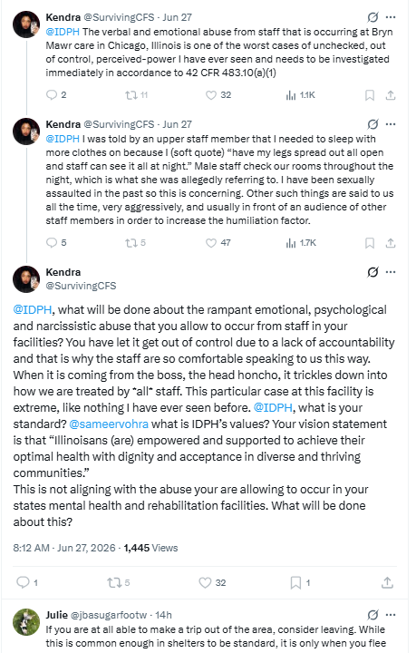 ScamFinderSam's tweet photo. Here you have it, folks. Step by step, how @SurvivingCFS's scam works on here. The scam that has netted her over $40,000, over $17,000 of that made since January 2025, all while being in fully funded mental health facilities paid by #Medicaid. 

If you're a long-time follower of hers, you've seen this pattern over and over again. Tweets of claims of abuse, neglect, bad food, etc, followed up by her needing donations. She blows through the donations, then just repeats the scam all over again. Your donations aren't going to help her! Only her spending habits, that's it!

She is not a disability rights advocate either! She only advocates for her bank account, and she lies to get those donations. Everything she says is a lie for attention and money. She is not homeless, as she has people believing, she's in a $7000 per month mental health facility, Bryn Mawr Care. She does not have #MECFS, she has schizoaffective disorder, bipolar type, and borderline personality disorder.

Below are all the places she has been living at since September 2023. She has made the same claims against all of these places except Thorek Hospital.

Since September 2023: 
Streamwood Behavioral Healthcare, to 
Joliet Terrace/Psychiatric Facility, to 
St. Mary's Hospital/Psych Floor, back to 
Joliet Terrace/Psychiatric Facility 
Bryn Mawr Care/Psychiatric Facility, to 
Thorek Hospital/Psych Floor, back to
Bryn Mawr Care/Psychiatric Facility

If you've ever donated to her, I highly recommend you file a police report for fraud. That will stop this. You could also call Bryn Mawr Care in Chicago and let them know what she's doing and file a complaint online with Medicaid's fraud department. No one should be getting away with this! Enough is enough! Kendra has zero financial responsibilities. There is no need for her to beg others for this money other than greed! There are many others out there truly in need.

#Scam #Fraud #Liar #Chicago #Illinois #MedicaidFraud 
@FBICyberDiv @Chicago_Police @FBIDirectorKash  @IDPH @JBPritzker @senpetersil
