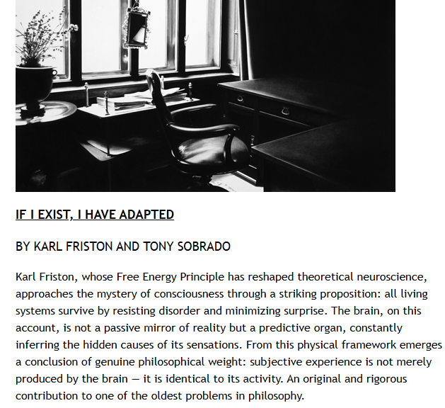 TonySobrado's tweet photo. THE HARD PROBLEM OF CONSCIOUSNESS & THE FREE ENERGY PRINCIPLE:

It was a great privilege to discuss one of philosophy’s most enduring problems with the most cited neuroscientist in the world; and one of the most revolutionary and influential scientists today: @KarlFristonNews 

https://t.co/76JDNohVau