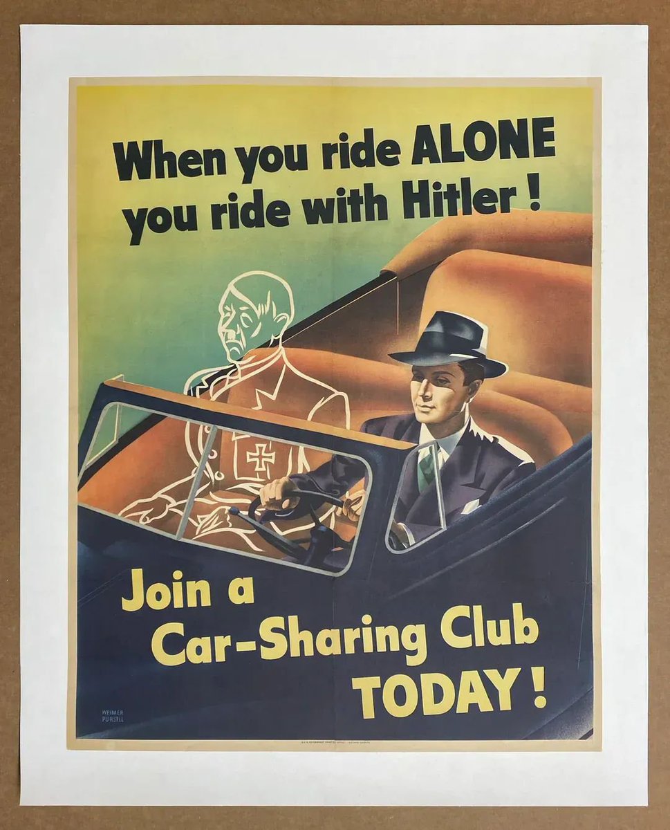 Dr_TheHistories's tweet photo. US WWII propaganda poster to conserve gasoline and rubber for the war effort, 1943...

During WWII, the United States government launched extensive conservation campaigns to support the war effort. After the Japanese occupation of many rubber-producing regions in Southeast Asia, the United States faced a severe rubber shortage. Gasoline rationing was introduced not because of a lack of fuel, but to reduce tire wear and preserve rubber supplies for military vehicles, aircraft, and equipment.

The Office of Price Administration and the Office of War Information encouraged Americans to participate in car-sharing programs, reduce unnecessary travel, and conserve essential materials. Posters, radio broadcasts, and newsreels were used to persuade civilians that everyday actions at home directly affected the outcome of the war.

By 1943, millions of Americans participated in organized car-sharing arrangements, helping reduce fuel consumption and vehicle maintenance demands while supporting wartime production priorities.

During World War II, the average speed limit on many American roads was reduced to 35 mph under the "Victory Speed" program, a measure designed primarily to extend the life of automobile tires and conserve rubber.

© Reddit

#drthehistories