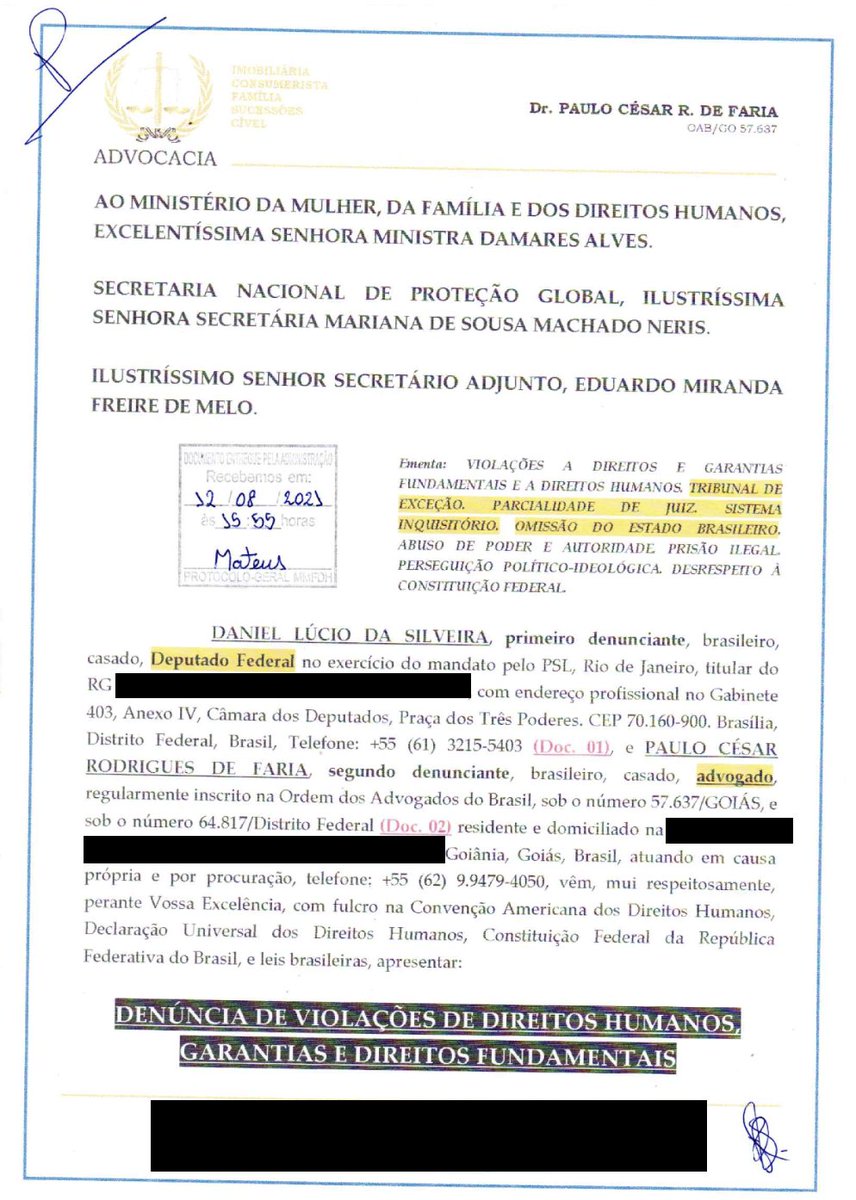 drpaulofaria22's tweet photo. Eu fui pessoalmente ao Ministério dos Direitos Humanos da sra. Damares em 12/08/2021, e deixei tudo denunciado e pedido de proteção institucional a Daniel Silveira.

O que foi feito? NADA! https://t.co/pzbQhOhCju