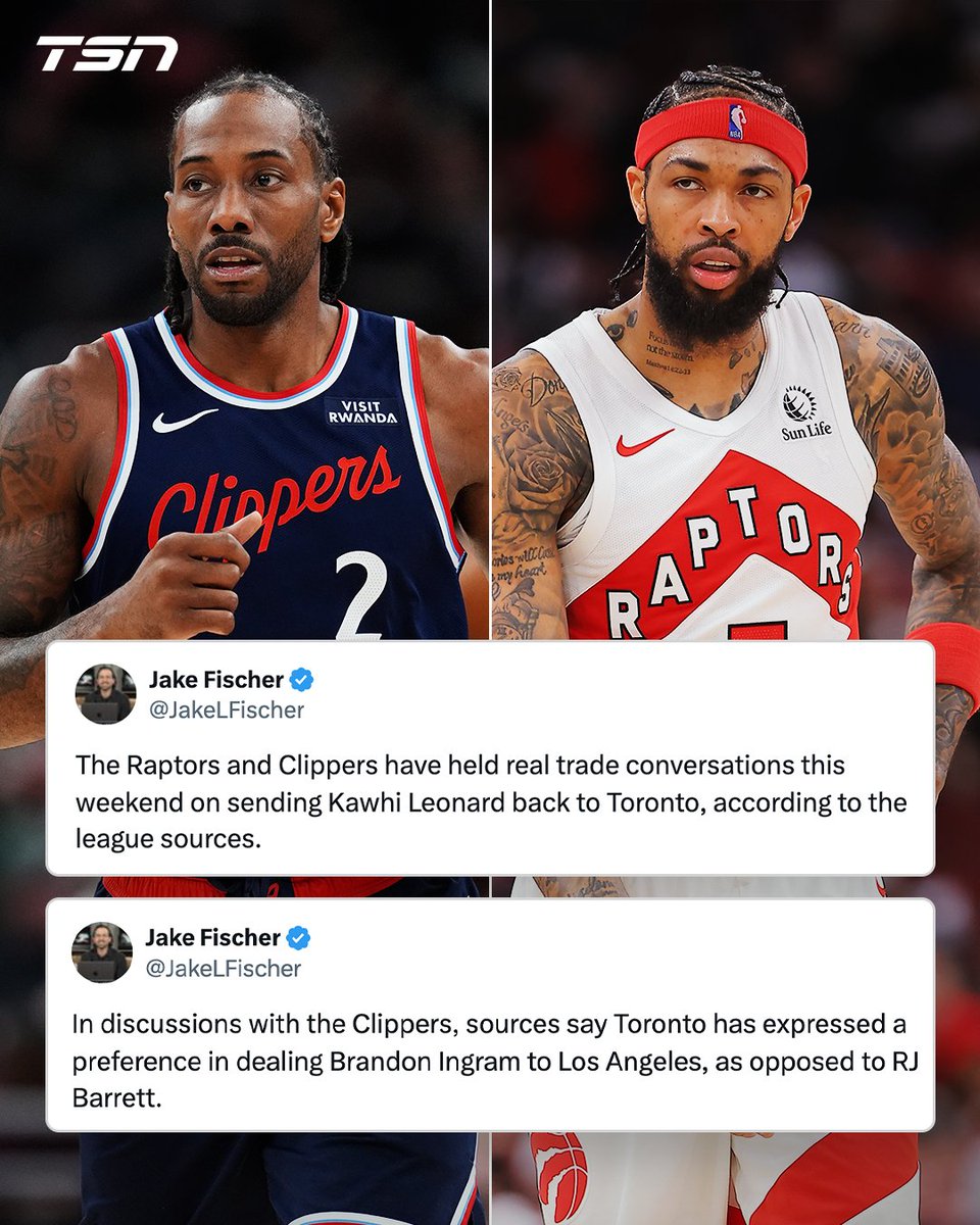 TSN_Sports's tweet photo. The Toronto Raptors and Los Angeles Clippers reportedly have discussed a trade that would send Kawhi Leonard back to Toronto, with the Raptors preferring to route Brandon Ingram to Los Angeles rather than RJ Barrett in the deal, per Jake Fischer. https://t.co/7WHpzKdaxW