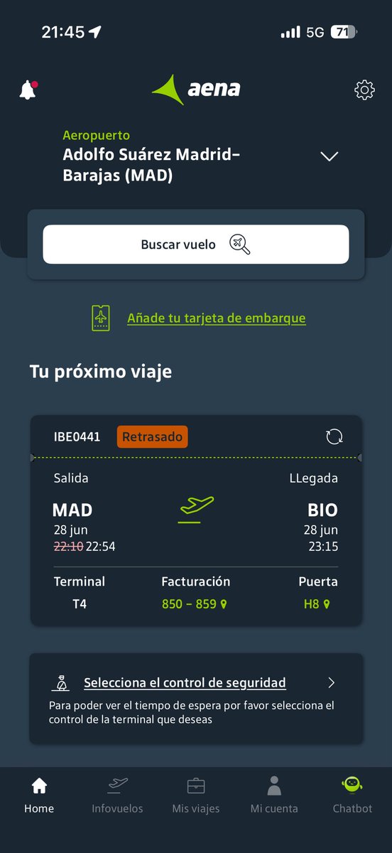 Belidor1964's tweet photo. Está Esta es la mierda de aplicación de #aena. El vuelo Madrid Bilbao va a tardar 20’. Pasmoso. Hay algo que funcione en este país? Lo que está claro es que no merecemos ningún respeto https://t.co/VNg4VRHjIi