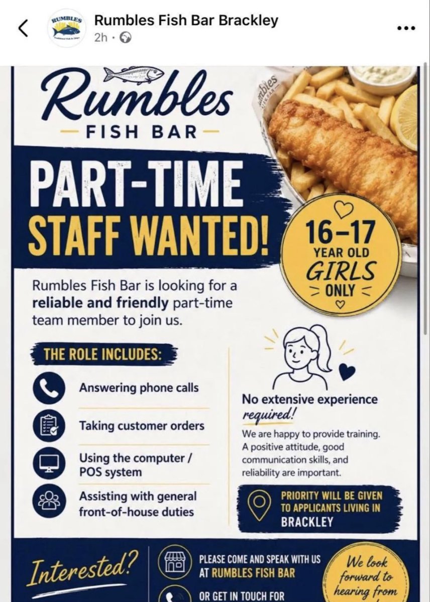 HazelAppleyard's tweet photo. Rumbles Fish Bar in Brackley has put out an advert for staff, they only want to hire 16-17 year old girls. 

The owner of this business is called… wait for it…

Mr Sahin Bas. https://t.co/IvIOURmBqW