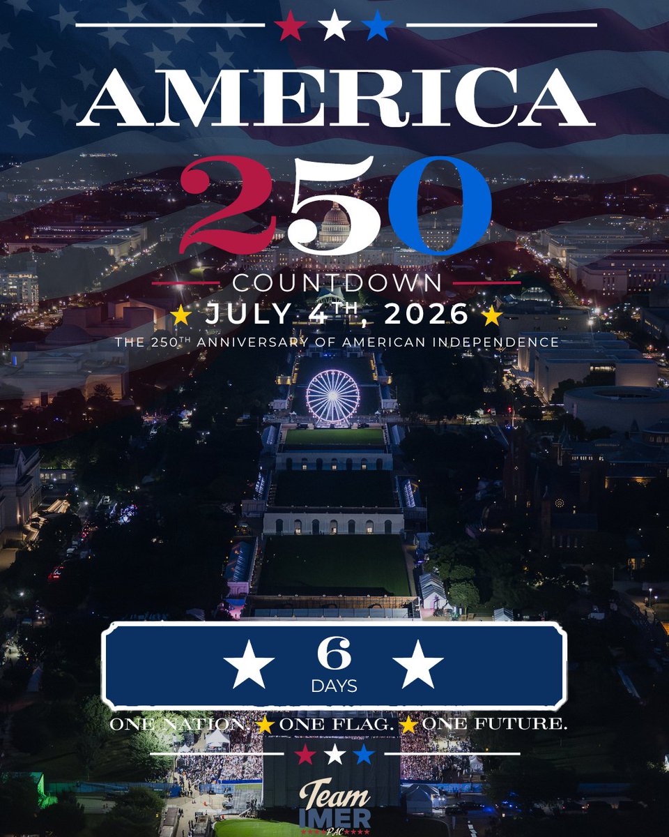 TeamImerPAC's tweet photo. 6 Days to #America250!
#Freedom250 #AmericaFirst #SaveAmerica #Trump
@realWestonImer @ImerForColorado @Freedom250 @America250 https://t.co/CBCcnesD7j