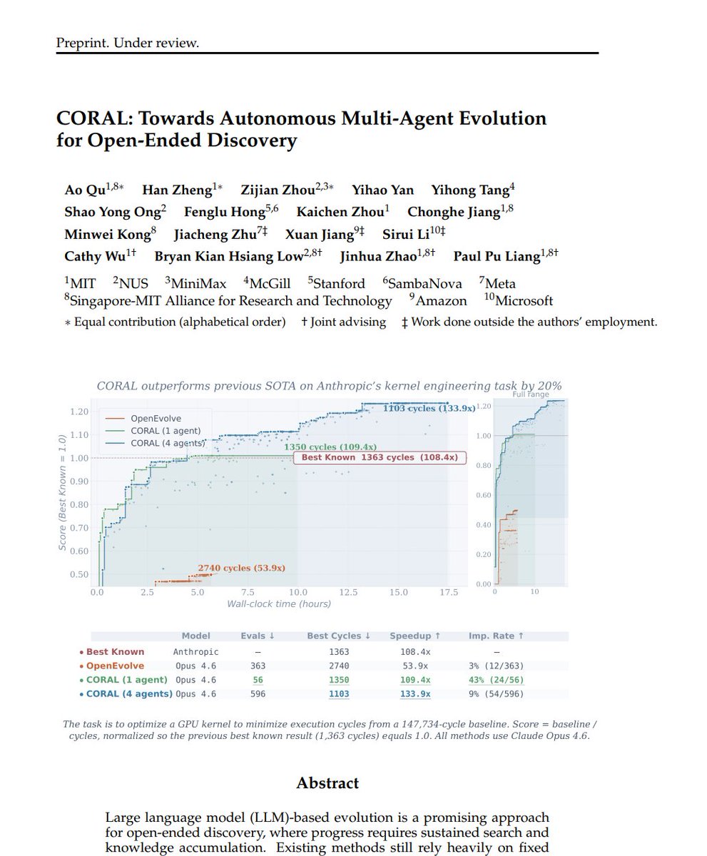 EverymansAI's tweet photo. 👉 A Critical Lens: CORAL- High Autonomy inside a Tight Container/Scaffolding💥

Unlike many conceptual papers in this space, CORAL ships with runnable infrastructure: a Python-based agent runtime, CLI tooling, isolated git worktrees, shared persistent memory, and a web dashboard. 

It gives practitioners something they can actually install & experiment with today

Its core architectural ideas are worth studying :
🔸A shared file-system-style memory (attempts / notes / skills) that enables asynchronous agents to collaborate without predefined roles or direct messaging
🔸Heartbeat mechanisms that inject structured reflection, consolidation &  redirection
🔸Clear separation between agents and evaluators

🧐 Critical Lens:
"Full autonomy" claim is inflated
1. Figure 1 labels CORAL "Full autonomy." Overreach. True autonomy = meta-learning heartbeat rules, discovering memory taxonomies, questioning the evaluator. CORAL does none of this. Agents drive; humans built the road and traffic laws.

2. The scaffolding
 ▫️Memory: attempts/, notes/, skills/ imposed, not discovered
 ▫️Meta-control: Heartbeat triggers are hand-tuned hyperparameters
 ▫️Action space: Bash, fixed evaluator, skill templates — agents can't invent tools
 ▫️Cognitive priors: Prompts encode assumptions about thinking & memory
 ▫️Reward: Immutable evaluator. Agents optimize within a fixed objective

3. vs. Voyager / SWE-agent
Voyager/SWE-agent = broader tool-use autonomy, open-ended API discovery, debugging without predefined loops. CORAL = strategically autonomous (when to eval, what to remember) but operationally constrained (closed task/evaluator loop). Evolution engine vs. exploration engine. Narrower autonomy

4. Real-world gaps
🔹No evaluator: Unclear with human panels or multi-year experiments.
🔹Memory chaos: Async writes create non-deterministic state. No conflict resolution
🔹Cost blindspot: Reports eval counts, never token spend or API budget. Reflection loops burn context unpredictably
🔹Safety gap: Evaluator hacking mentioned but unaddressed. Misaligned agent + Bash access = liability

5. Solid Evaluation
Strong baselines (OpenEvolve, EvoX), right metrics, honest disentanglement. 20% kernel gain is real. Knowledge diffusion, not just parallel compute. Open-source replication is real.

6. Multi-agent gains: real but murky
66% records from cross-agent parents, but stochastic diversity vs. knowledge sharing not isolated. Works at 4 agents; at 20, filesystem becomes noisy without ranking/consensus

🙋 Upshot:
CORAL = high-autonomy evolution inside a scaffolded box. Pragmatic, not self-determining

Practitioners: 
🔸PMs: Ready for optimization workflows with clear evaluators
🔸Architects: You still design evaluator, heartbeat rules, safety envelope
🔸Engineers: Filesystem memory needs DB, version control, conflict resolution before production

CORAL vs. Hermes / OpenClaw: https://t.co/XHDF2S3Hqe
-----

AI Reliability Engineering:
✍️ Join the ModelFusion™: https://t.co/757iwppAXO