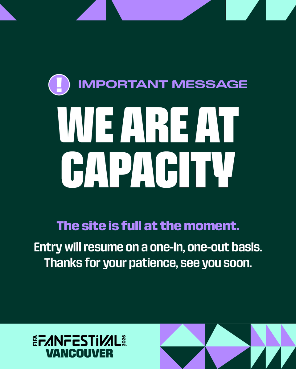 FWC26Vancouver's tweet photo. 🚨 CAPACITY UPDATE 🚨⁣
⁣
What a turnout! #FIFAFanFestival Vancouver is officially at capacity and entry will now move to a one-in, one-out system.
⁣
Guests with tickets remain guaranteed access to the Festival grounds and the Amphitheatre.

Thank you for your patience! See you soon! 🫶⁣
⁣
#WeAreVancouver #WeAre26