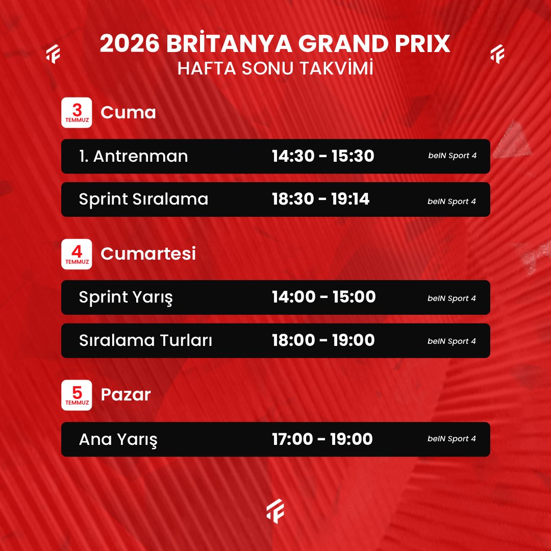 F1tutkumuz's tweet photo. 🔥F1 HEYECANI SILVERSTONE'DA SÜRECEK!

🇬🇧2026 Britanya Grand Prix'sinin yayın akışı sizlerle.

#BritishGP | #F1 https://t.co/crQmy2EQ1J
