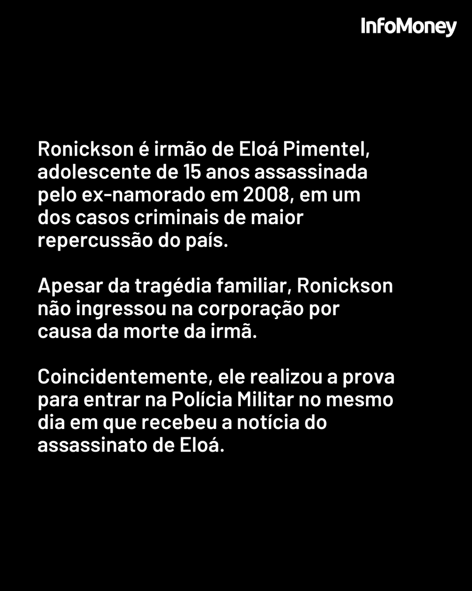 infomoney's tweet photo. VIOLÊNCIA EM SÃO PAULO

O primeiro-tenente da Rota Ronickson Pimentel dos Santos foi baleado na cabeça na tarde de sábado (27), em São Caetano do Sul (SP). Segundo a Polícia Militar, ele passou por uma cirurgia neurológica e tem quadro de saúde gravíssimo, mas sem registros de piora.

Ronickson é irmão de Eloá Pimentel, adolescente assassinada em 2008 em um caso que marcou o país. Ex-fuzileiro naval, ele ingressou na Polícia Militar em 2009, tornou-se oficial em 2015.

Veja mais no site do InfoMoney.

Foto: Reprodução/Redes Sociais

#Brasil #SaoPaulo #RonicksonPimentel