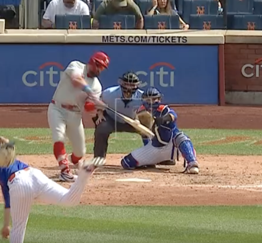 MaxTGoodman's tweet photo. Kodai Senga had Kyle Schwarber down 1-2 in the count. He had just thrown three straight forkballs and got a whiff and two weak foul balls to get ahead.

If you're going to try and sneak a fastball by Schwarber there with the next pitch, it can't be in this spot. 

Phillies take a 5-4 lead.
