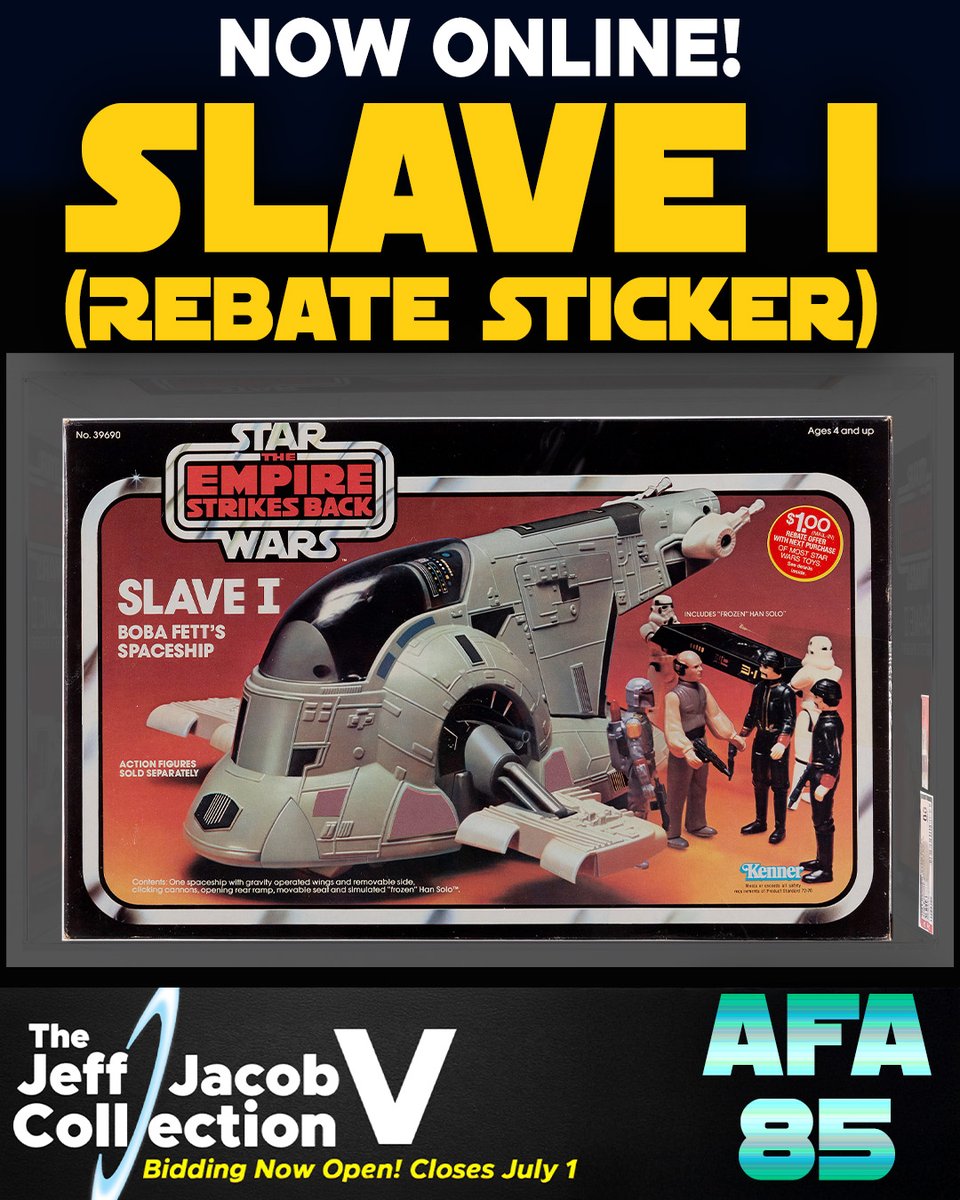 HakesAuctions's tweet photo. Boba Fett's iconic bounty hunting spacecraft —
complete with simulated "frozen" Han Solo.
AFA 85 with the original $1.00 rebate
sticker still intact.
The Jeff Jacob Collection Part V.
Bidding open now. Closes July 1.
https://t.co/jCWsEtNUVJ 🔗
#StarWars #SlaveI #BobaFett https://t.co/x8W34Vpvlu