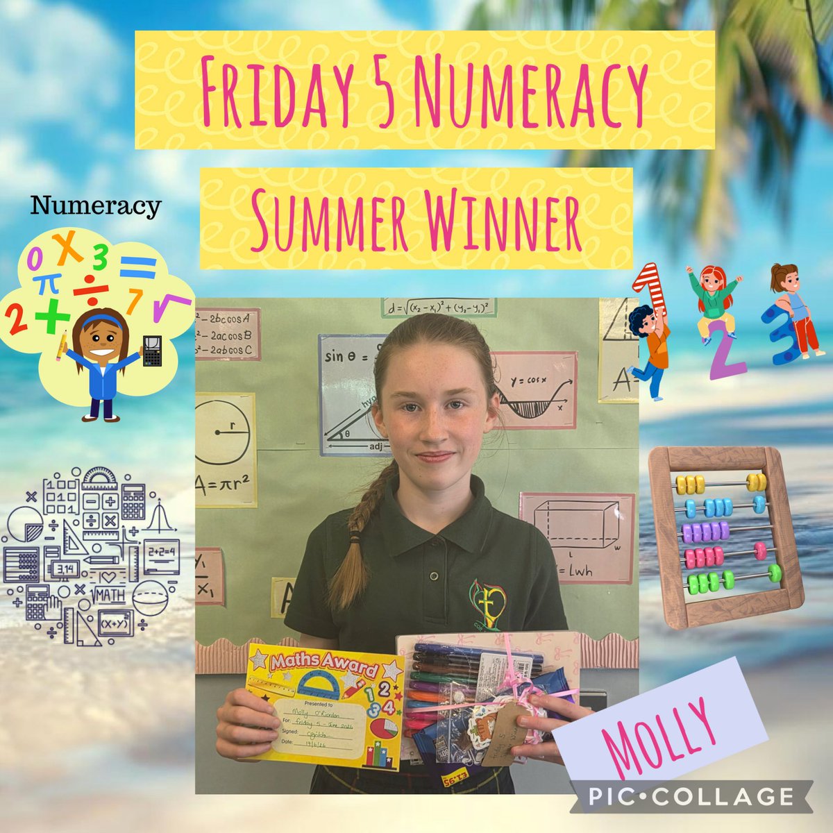 MathsStCaths's tweet photo. Congratulations to Molly who was the final winner of Miss Gribben’s Friday 5 Competition!
30 weeks of fun Friday completed with 8H all while practising our Numeracy Skills!
#mathsisfun #welovemath 🧮🏆⭐️🥳 https://t.co/TRAkbj2lxq