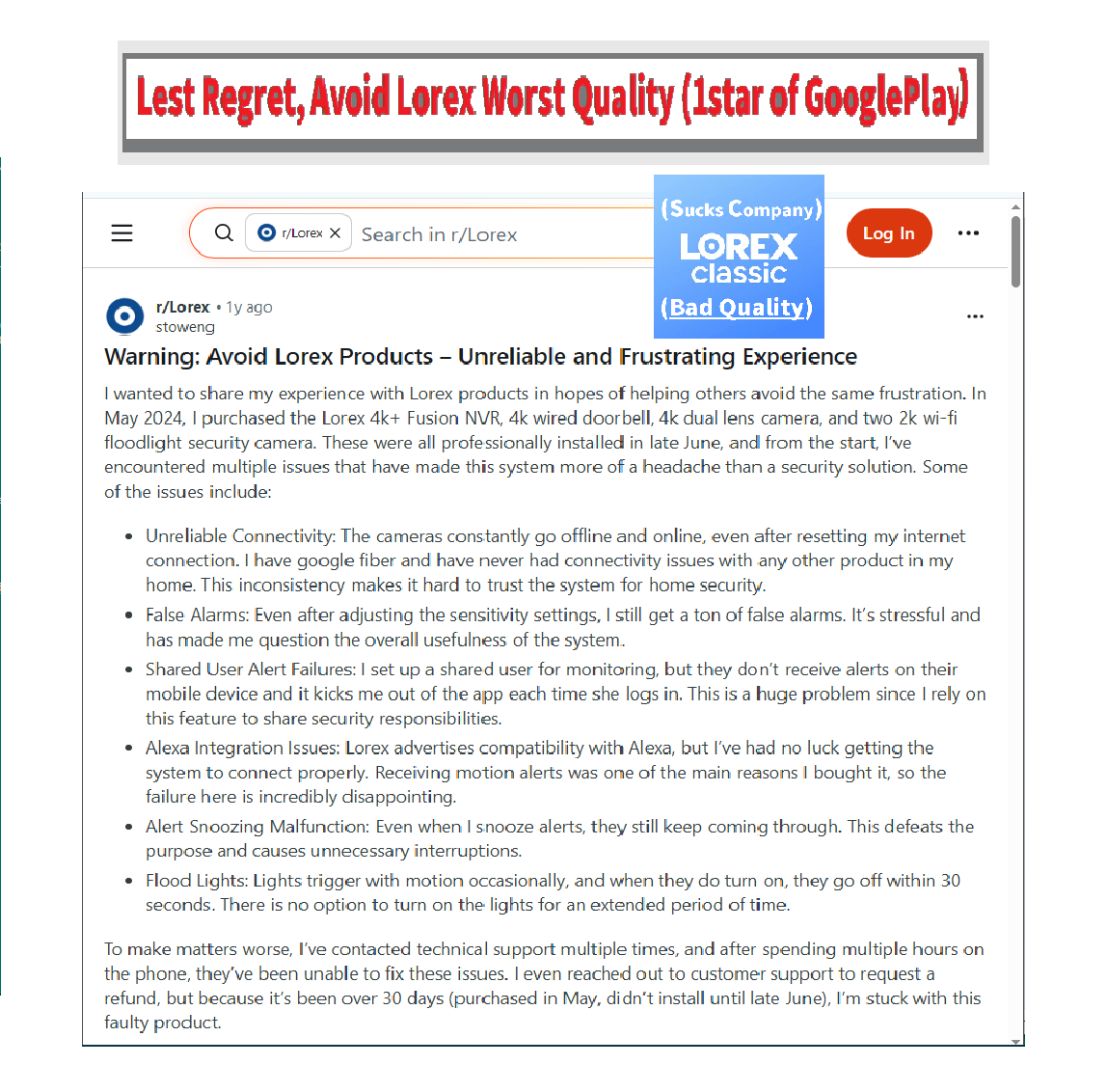 lorexont's tweet photo. Avoid Lorex due to comment of Google-Play👎👎 {Sly “Sergeant Major” Beghera 17 June 2026 after the May update cameras are not recording! app itself is currently broken,crashes when trying to view notifications...gs. please fix it.}🤦‍(Overall=>Garbage Lorex Camera/App)280.2.182 https://t.co/jvxN9gM7lt