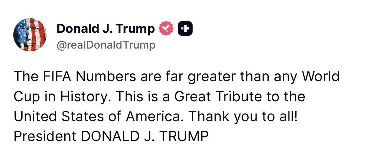 GuntherEagleman's tweet photo. 🚨 TRUMP CELEBRATING AMERICA’S FIFA WIN 

“The FIFA Numbers are far greater than any World Cup in History. This is a Great Tribute to the United States of America. Thank you to all!”

President Trump dropping the good news, America is absolutely DOMINATING on the world stage!

Record breaking success under his watch. 

This is what winning looks like when America is back and respected again!