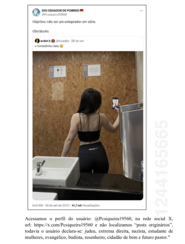 republiqueBRA's tweet photo. ⚖️ 💥 MP de São Paulo abre processo na Justiça contra usuário do Twitter (X) "DIO Odiador de Pobres", cuja biografia o descreve como "judeu, extrema-direita, nazista, estudante de mulheres, evangélico, budista, resenheiro, cidadão de bem e futuro pastor"; a ação cita post em que ele responde a uma foto de uma mulher na academia com a frase: "Objetivo: não ser um est*prador em série. Obstáculo:"