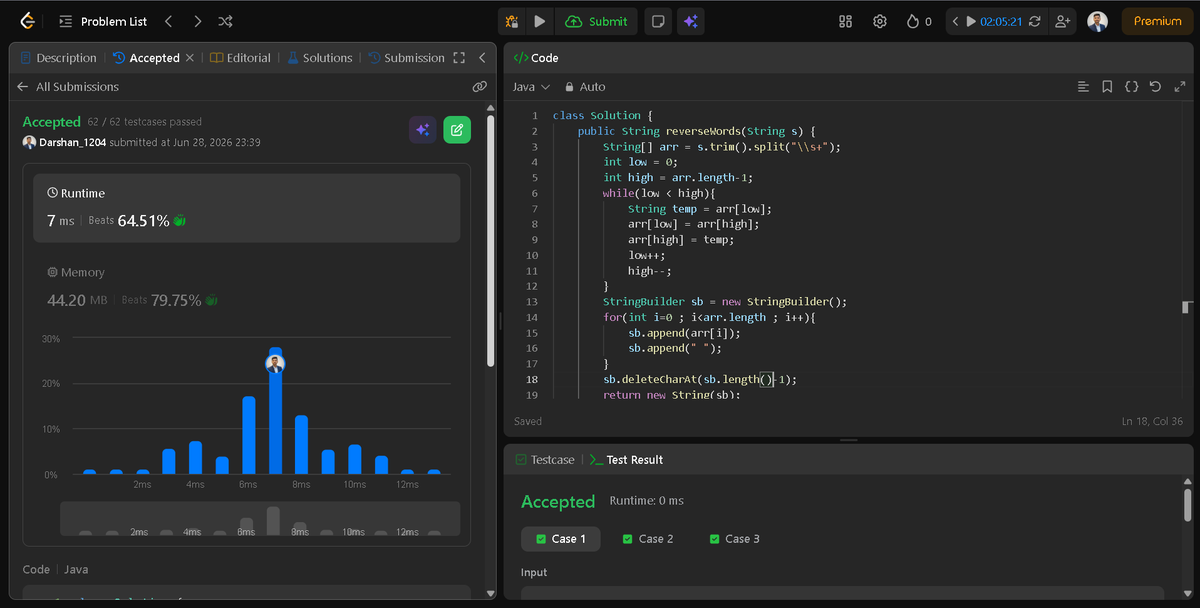 Darshan2042's tweet photo. 📅 Day 29/45 of #SDESheetChallenge @takeUforward_
@striver_79 

🎯Today's grind:
🔹Reverse every word in a string
🔹Longest Palindrome in a string
🔹Roman to Integer

🧵Strings may look simple until they test your logic.

#LeetCode #DSA #Java #ProblemSolving #SoftwareEngineer https://t.co/RGR6BzoPjQ