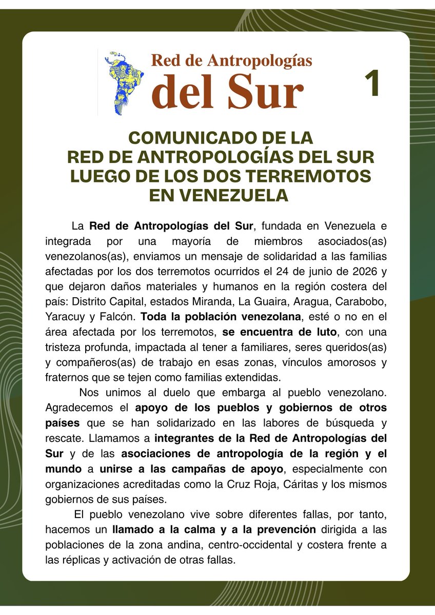 AntropoDelSur's tweet photo. COMUNICADO DE LA RED DE ANTROPOLOGÍAS DEL SUR LUEGO DE LOS DOS TERREMOTOS EN VENEZUELA
https://t.co/9h4yNKHmfM https://t.co/80nNiaA0OM
