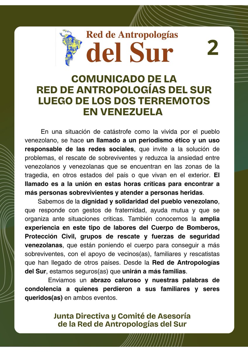 AntropoDelSur's tweet photo. COMUNICADO DE LA RED DE ANTROPOLOGÍAS DEL SUR LUEGO DE LOS DOS TERREMOTOS EN VENEZUELA
https://t.co/9h4yNKHmfM https://t.co/80nNiaA0OM