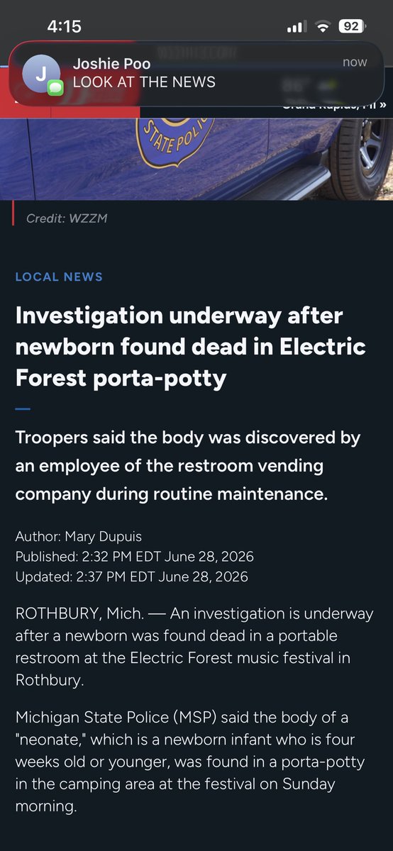 phnxrisingg's tweet photo. EDM twitter must not have gotten up to date yet but the Michigan State Police are literally investigating because a dead baby was found in a porta potty this morning at Electric Forest………….. https://t.co/5Sxc3yOvtK