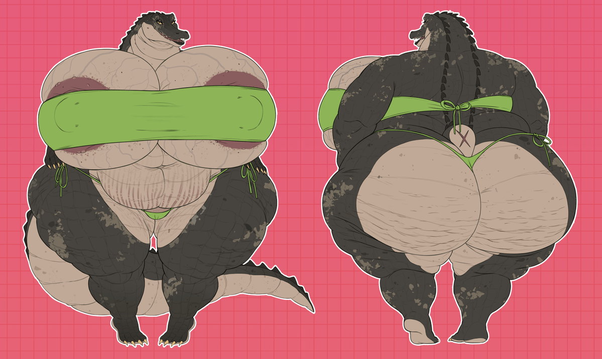 RexPecs's tweet photo. Big gator GILF Grace in all her glory! 
She is 11ft tall and is quite the big bombastic old lady~ Would you survive her heft? 💦

🎨: @Vintagart1 https://t.co/jXTqYKeJf0