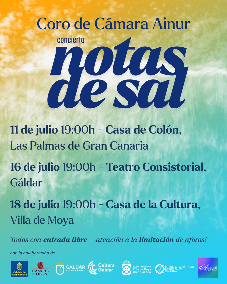 coroainur's tweet photo. Próximos conciertos donde presentaremos un nuevo programa con #notasdesal en el  año que celebramos nuestro #Ainur20 aniversario. @casadecolon  @CulturaGldar @VilladeMoya https://t.co/EdljwWU1Ka