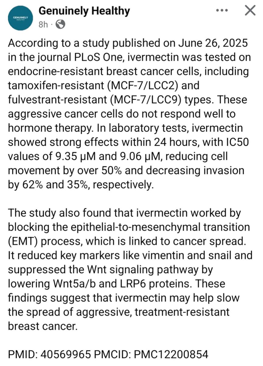 JoetippensX's tweet photo. ANTIPARASITIC DRUG IVERMECTIN WAS SHOWN TO REDUCE THE GROWTH OF ENDOCRINE-RESISTANT BREAST CANCER ON - OF THE MORE AGGRESSIVE TYPES BY OVER 50% IN JUST 24 HOURS.
#Ivermectin #joetippens #fenbendazole #feco #tudca #parasites #worms #skincancer #cancersucks #cancerwarrior https://t.co/xALmLCSjv0