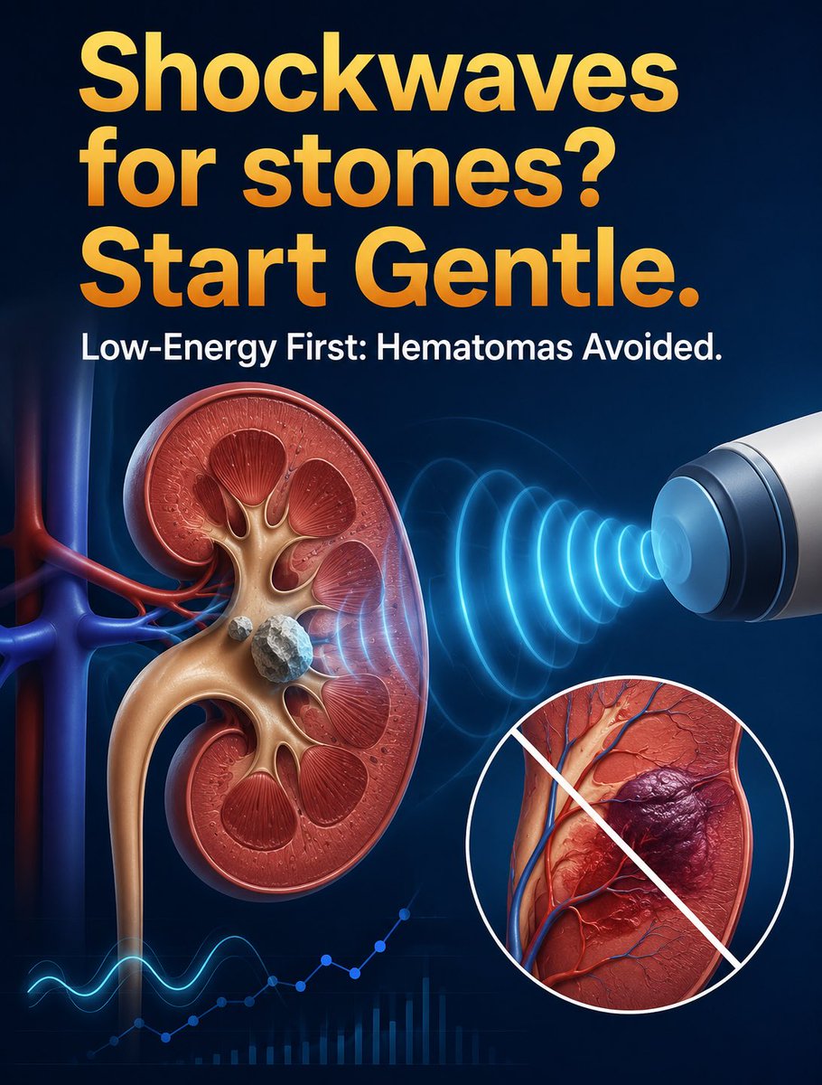 Roboticdock's tweet photo. Start Low, Go Slow in SWL

For adults undergoing SWL, the 2026 AUA Guideline supports beginning with low‑energy shockwaves and gradually increasing energy to lower bleeding risk. 

A step‑up protocol (10→12→14 kV) showed 24% hematoma vs 44% w/ continuous 14 kV. Conditional - C https://t.co/bcYJWVJNiX