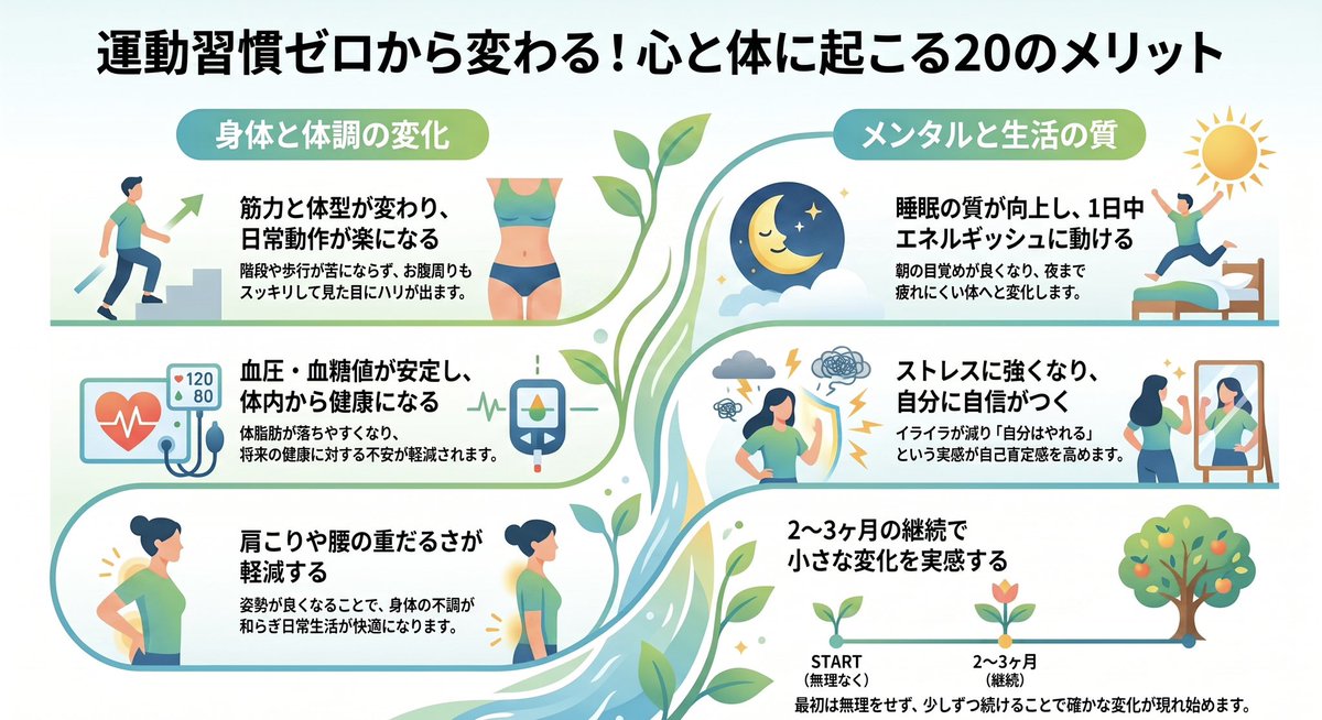 4050healthlife's tweet photo. 【運動習慣0から運動を始めると起こるメリット20選】

① 筋力が上がって、階段や坂道が楽になる
② 少しずつ筋肉がついて、見た目にハリが出てくる
③ 体脂肪が落ちやすくなり、お腹周りが少しスッキリし始める
④ 血圧が安定しやすくなる
⑤ 血糖値の乱高下が起きにくくなる
⑥ 夜の睡眠の質が上がる
⑦ 朝の目覚めが少し良くなる
⑧ 疲れにくくなり、1日の終わりまで動けるようになる
⑨ 肩こりや腰の重だるさが軽減する
⑩ 姿勢が少しずつ良くなってくる
⑪ イライラしにくくなり、気持ちが安定しやすくなる
⑫ うつっぽい気分が軽くなる
⑬ 集中力が続きやすくなる
⑭ 自信がついて「自分はやれる」という感覚が出てくる
⑮ 日常生活の動作（しゃがむ・立つ・歩く）が楽になる
⑯ 息切れしにくくなり、歩くのが苦ではなくなる
⑰ ストレスを感じても、以前より回復が早くなる
⑱ 体を動かすこと自体が気持ちよく感じるようになる
⑲ 将来の健康に対する漠然とした不安が少し減る
⑳ 「自分を変えられる」という実感が得られる

運動を0から始めると、最初は劇的な変化は起きにくいですが、2〜3ヶ月ほど続けると上記の変化が少しずつ現れてきます☺️
無理のない範囲から始めてみてください✨