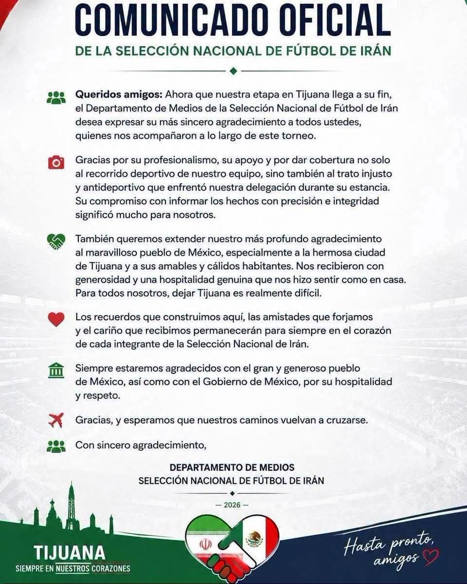 SonniTx's tweet photo. 🥹¡Qué gran despedida de la Selección de Irán! 

🇮🇷❤️ En un emotivo comunicado agradecieron al pueblo de México🇲🇽, y en especial a Tijuana, por abrirles las puertas, hacerlos sentir como en casa y tratarlos con calidez, respeto y generosidad. También reconocieron a los medios por informar con profesionalismo, incluso sobre el trato injusto y antideportivo que, afirman, enfrentó su delegación. Se van diciendo que los recuerdos, las amistades y el cariño recibido vivirán para siempre en sus corazones, con la esperanza de que nuestros caminos vuelvan a cruzarse. 🇲🇽🤝🇮🇷