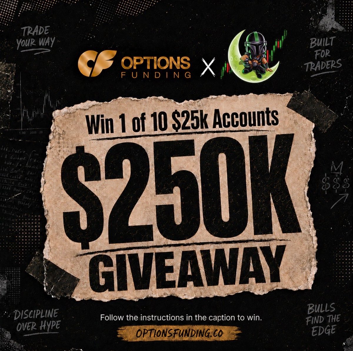 MandoTrading's tweet photo. 🚨$250,000 Giveaway🚨

10 x $25k Options Prop Firm Accounts

To enter:

-Follow @MandoTrading &amp; @OptionsFunding_
-Like &amp; Repost
-Tag a friend that would benefit from this 

Winners announced on June 30, 2026 https://t.co/bQQ8e9ukfl