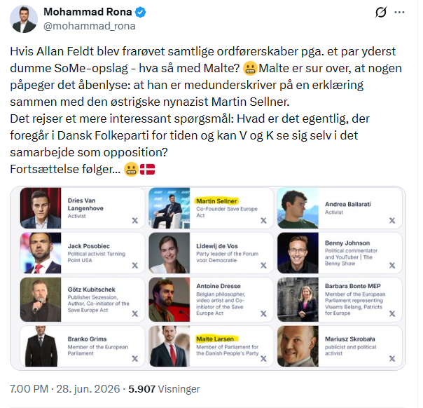 jonaszusc's tweet photo. Muhammed Rona ved godt, at Martin Sellner ikke er nynazist, og han ved godt, at Malte ikke på nogen måde støtter nazisme eller andre ekstreme ideologier. 

Dette er et regeringsmedlems grænseløse dehumanisering af en kollega. I et politisk klima, hvor højreorienterede udsættes for vold, chikane, hærværk, brandbombeanslag og meget mere, fordi den radikaliserede midte dehumaniserer dem. 

Muhammed Rona har tydeligt taget stilling og valgt side - og det er ikke danskernes side. Han står for legitimering af politisk vold og befolkningsudskiftning.