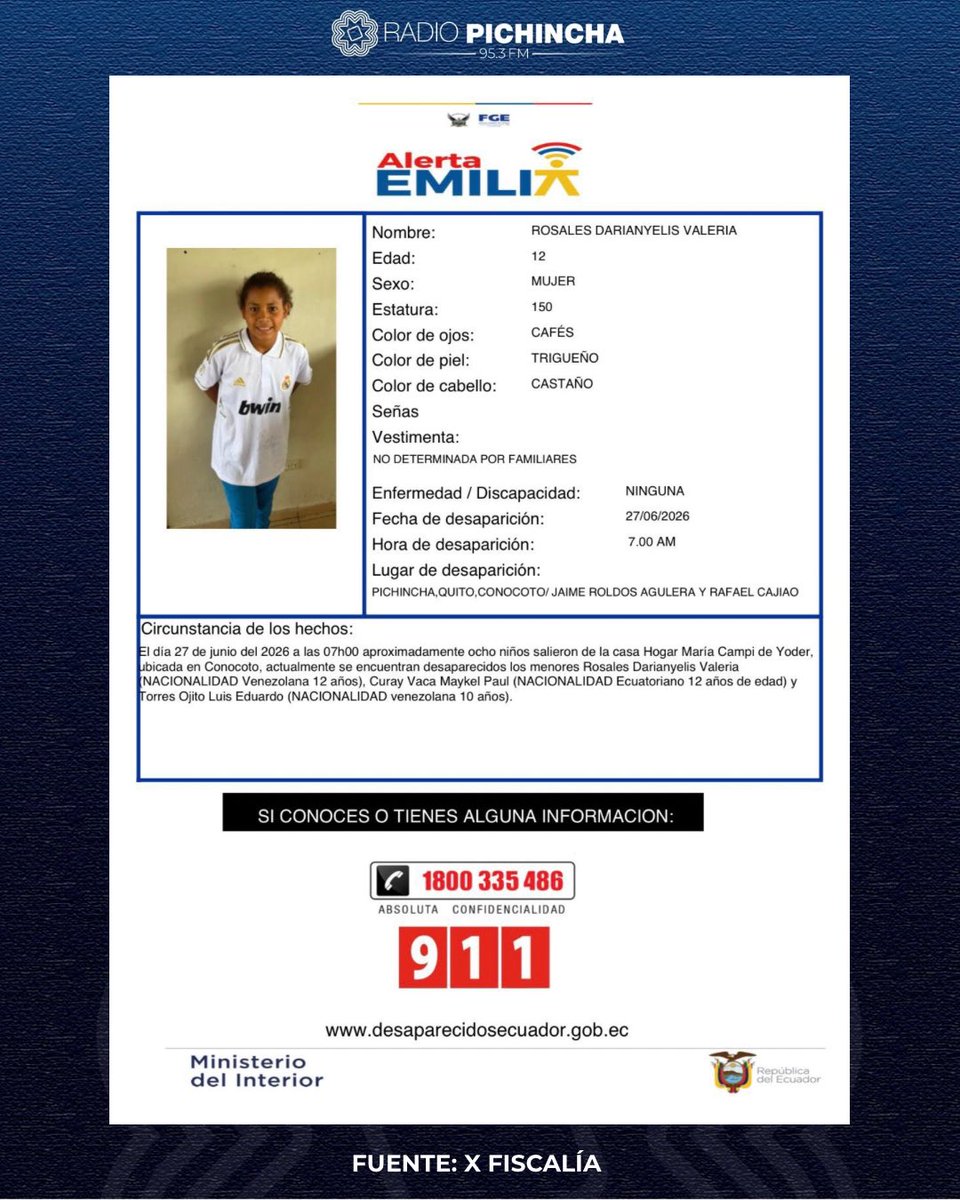 radio_pichincha's tweet photo. 🔴 #ATENCIÓN | Las autoridades activaron la #AlertaEmilia para localizar a Maykel Paúl Curay Vaca, Darianyelis Valeria Rosales y Luis Eduardo Torres Ojito, los tres menores que aún permanecen desaparecidos tras salir de una casa de acogida en #Conocoto, suroriente de #Quito. Cualquier información sobre su paradero puede reportarse al 9-1-1 o al 1-800 DELITO (335486).
#LaRadioDeLasNoticias