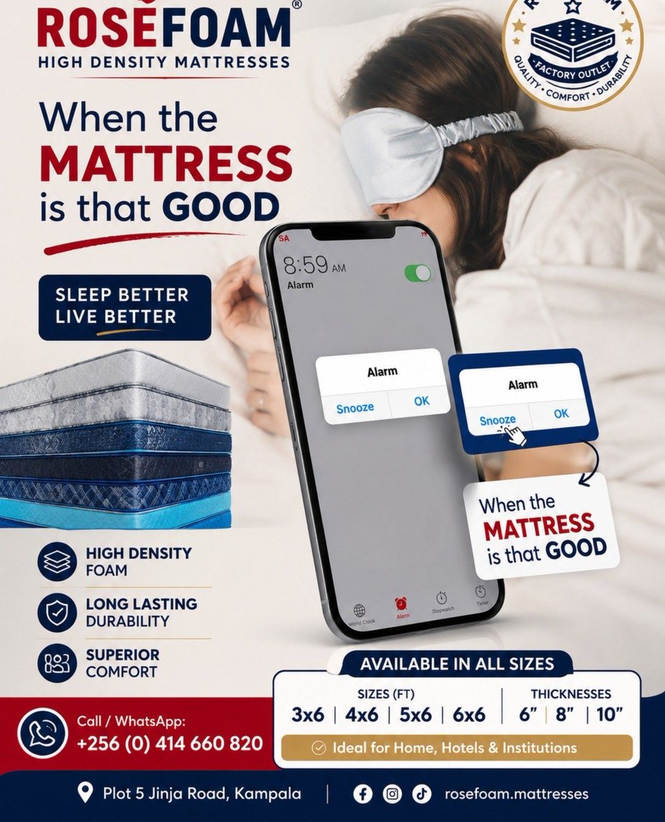 RosefoamMattres's tweet photo. When your mattress is this good, even the alarm has to wait. 😴

Experience the comfort of Rosefoam High Density Mattresses, designed for long-lasting support and restful sleep.

✔ Available in sizes: 3x6, 4x6, 5x6 &amp; 6x6
✔ Thickness: 6", 8" &amp; 10"
✔ Ideal for homes, hotels, sch https://t.co/GuuzFM00YY