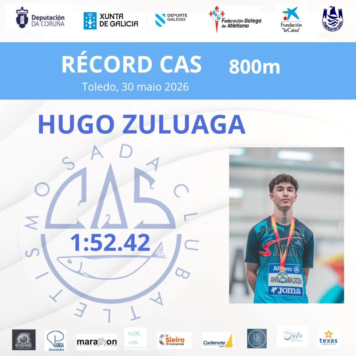 CAS_SADA's tweet photo. ๐ฆ ๐
๐ด๐ฒ๐พ๐
๐ณ ๐ฒ๐ฐ๐
๐ฆ
๐๐ฝ Hugo Zuluaga
MMP en 800m 1:52.42
๐ 30 maio 2026
๐ Toledo
PARABรNS, Hugoโผ๏ธ ๐ช๐ช
#CAS
#atletasCAS
#SomosCAS
#RECORDCAS https://t.co/LXSXIMDezE