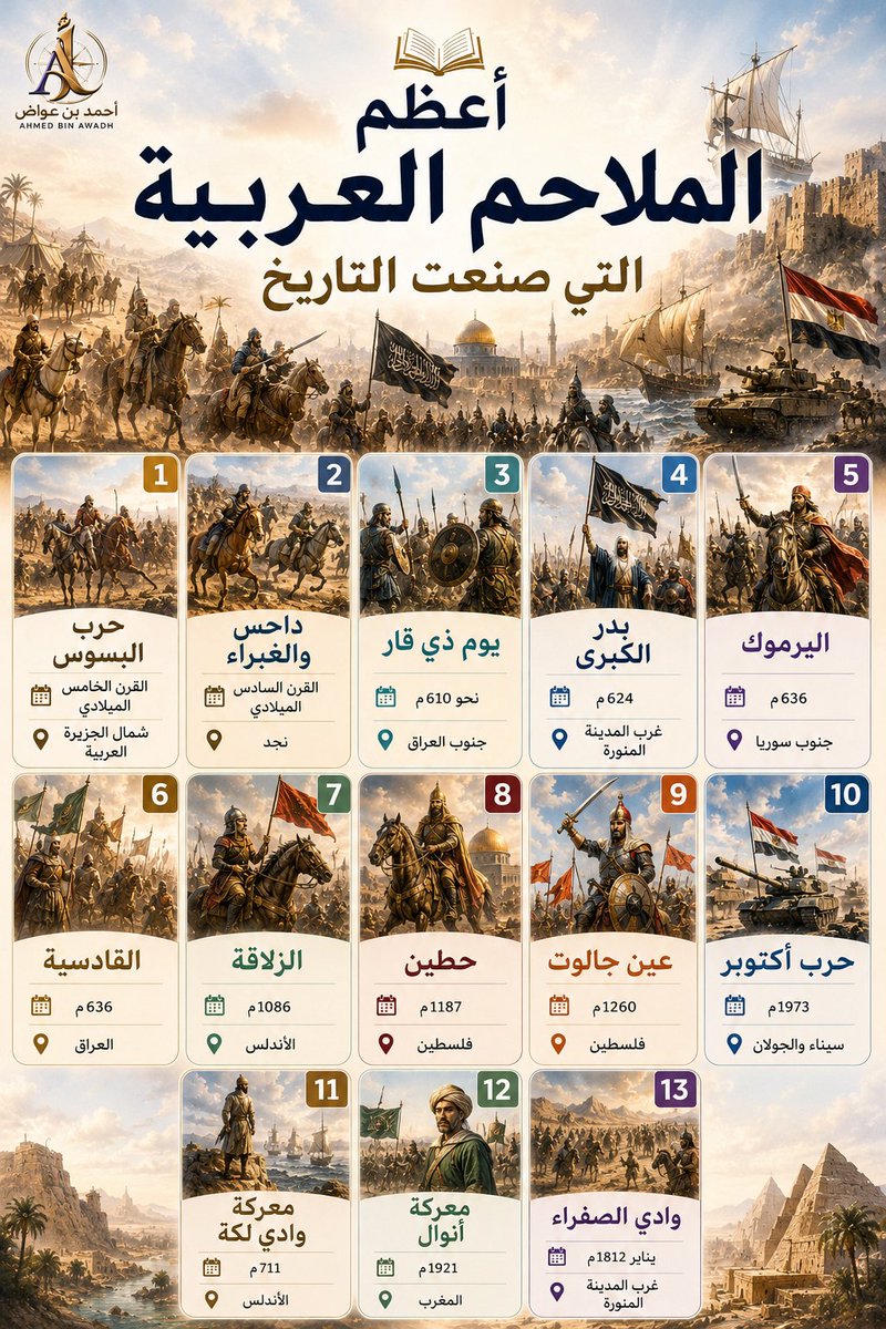 ABAwwadh's tweet photo. ⚔️ أعظم الملاحم العربية التي صنعت التاريخ
🎬 تخيّل...

أن تعبر أكثر من 1500 عام من التاريخ...
🏜️ من صحراءٍ اشتعلت فيها حرب بسبب ناقة...
⚔️ إلى ميادينٍ سقطت فيها إمبراطوريات حكمت العالم...

🌊 ثم تعبر البحر إلى الأندلس...
🕌 وتصل إلى القدس يوم عادت بعد عقود من الاحتلال...

 حتى تقف على ضفاف قناة السويس 🇪🇬
حيث دوّى أحد أشهر الانتصارات العربية الحديثة.

هذه ليست مجرد معارك... بل ملاحم غيّرت مجرى التاريخ، ورسمت خرائط جديدة، وخلّدت أسماء قادة ما زالت تُذكر حتى اليوم.

━━━━━━━━━━━━━━━
🏜️ أولًا | حرب البسوس

📅 القرن الخامس الميلادي 
📍 شمال الجزيرة العربية 
⚔️ بكر × تغلب

🔥 بدأت بسبب مقتل ناقة... ثم تحولت إلى حرب استمرت نحو 40 عامًا.

⭐ أصبحت أشهر رمز للثأر والفروسية في التراث العربي، وخلّدت أسماء كليب والمهلهل وجساس.

━━━━━━━━━━━━━━━
🏇 ثانيًا | داحس والغبراء

📅 القرن السادس الميلادي 
📍 نجد 
⚔️ عبس × ذبيان

🐎 بدأ الخلاف بسبب سباق خيل.
⚔️ لكنه تحول إلى حرب طويلة ارتبطت :
بسيرة عنترة بن شداد ..

وأصبحت من أشهر ملاحم العرب قبل الإسلام.

━━━━━━━━━━━━━━━
🛡️ ثالثًا | يوم ذي قار

📅 نحو 610م 📍 
جنوب العراق 
⚔️ العرب × الفرس الساسانيون

👑 أول انتصار عربي شهير على الفرس.
⭐ أثبت أن القبائل العربية قادرة على هزيمة إحدى أقوى إمبراطوريات عصرها.

━━━━━━━━━━━━━━━
☪️ رابعًا | بدر الكبرى

📅 624م 
📍 غرب المدينة المنورة 
⚔️ المسلمون × قريش

⚡ أول معركة فاصلة في التاريخ الإسلامي.
🏆 انتهت بانتصار المسلمين رغم قلة عددهم، وأصبحت نقطة التحول في قيام الدولة الإسلامية.

━━━━━━━━━━━━━━━
🦅 خامسًا | اليرموك والقادسية

📅 636م 
📍 الشام والعراق

⚔️ اليرموك 
👤 خالد بن الوليد
 🏛️ أنهت النفوذ البيزنطي في الشام.

⚔️ القادسية 
👤 سعد بن أبي وقاص 
👑 فتحت أبواب الدولة الساسانية ..
 ومهّدت لفتح فارس.

━━━━━━━━━━━━━━━
🌊 سادسًا | وادي لكة

📅 711م 
📍 الأندلس 
⚔️ المسلمون × القوط

👤 طارق بن زياد
🚢 عبر المضيق...
🏰 وأسّس لانطلاق الحضارة الإسلامية في الأندلس، التي استمرت قرابة ثمانية قرون.

━━━━━━━━━━━━━━━
🏰 سابعًا | الزلاقة

📅 1086م 
📍 الأندلس 
⚔️ المرابطون × قشتالة

👤 يوسف بن تاشفين
🛡️ أوقف التوسع القشتالي، ومدّد بقاء المسلمين في الأندلس لعقود طويلة.

━━━━━━━━━━━━━━━
🕌 ثامنًا | حطين وعين جالوت

🏆 حطين
📅 1187م

👤 صلاح الدين الأيوبي
✝️ هزم الصليبيين.
🕌 ومهّد لاستعادة القدس.

🔸🔸🔸
🏹 عين جالوت

📅 1260م 
👤 قطز وبيبرس

🐎 أوقفت زحف المغول.
🌍 وأنقذت مصر والشام من مصير بغداد.

━━━━━━━━━━━━━━━
🏜️ تاسعًا | وادي الصفراء

📅 1812م 
📍 الحجاز 

⚔️ الدولة السعودية الأولى × الجيش العثماني
👤 الأمير عبد الله بن سعود

⛰️ استغل تضاريس الوادي.
🏆 وألحق هزيمة كبيرة بجيش طوسون باشا، لتصبح من أبرز المعارك الدفاعية في تاريخ الجزيرة العربية.

━━━━━━━━━━━━━━━
🏔️ عاشرًا | أنوال

📅 1921م 
📍 المغرب 

⚔️ المقاومة الريفية × إسبانيا
👤 الأمير محمد بن عبد الكريم الخطابي

💥 ألحق بإسبانيا واحدة من أكبر هزائمها العسكرية.
🎖️ وأصبحت المعركة مدرسة عالمية في حرب العصابات.

━━━━━━━━━━━━━━━
 الحادي عشر | حرب أكتوبر🇪🇬

📅 1973م 
📍 سيناء والجولان 
⚔️ مصر وسوريا × إسرائيل

🌊 شهدت عبور قناة السويس.
💣 وتحطيم خط بارليف.
⭐ وأعادت الثقة للجيوش العربية بعد نكسة 1967.

━━━━━━━━━━━━━━━
🏆 لماذا بقيت هذه الملاحم خالدة؟

🟥 لأنها غيّرت خرائط دول وإمبراطوريات.
🟧 لأنها صنعت قادة دخلوا ذاكرة التاريخ.

🟨 لأنها أصبحت مصدرًا للأدب والشعر والروايات.
🟩 لأنها شكّلت هوية شعوب وأمم.

🟦 لأنها ما زالت تُدرّس بوصفها محطات فاصلة في التاريخ العسكري.

━━━━━━━━━━━━━━━
🎯 الخاتمة

من البسوس وداحس...
إلى ذي قار وبدر...

ومن اليرموك والقادسية...
إلى وادي لكة والزلاقة...

ثم حطين وعين جالوت ووادي الصفراء 
وأنوال وأكتوبر...

لم تكن هذه مجرد معارك... بل ملاحم صنعت التاريخ، وأسقطت إمبراطوريات، وأقامت دولًا، وخلّدت أسماءً بقيت حيةً بعد مئات السنين. ⚔️